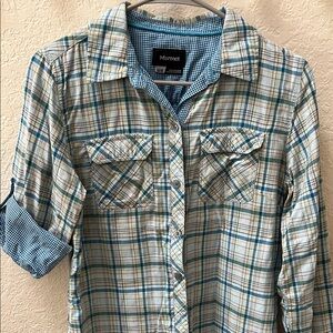 Marmot Plaid Button-Up Shirt, size M, roll-up sleeves